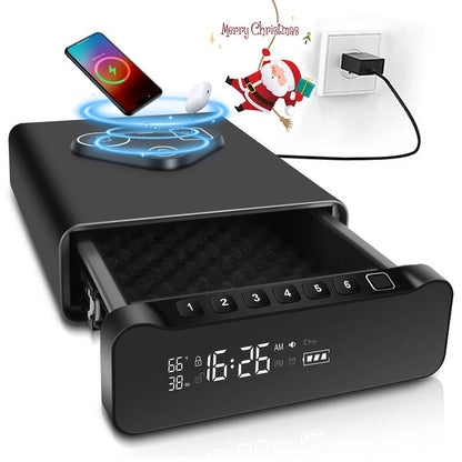 IRONWATCH Vault Pro™ – Biometric Fingerprint Gun Safe with Clock | 3-in-1 Wireless Charging for Phone & Watch | Alarm + Humidity + Temp Screen