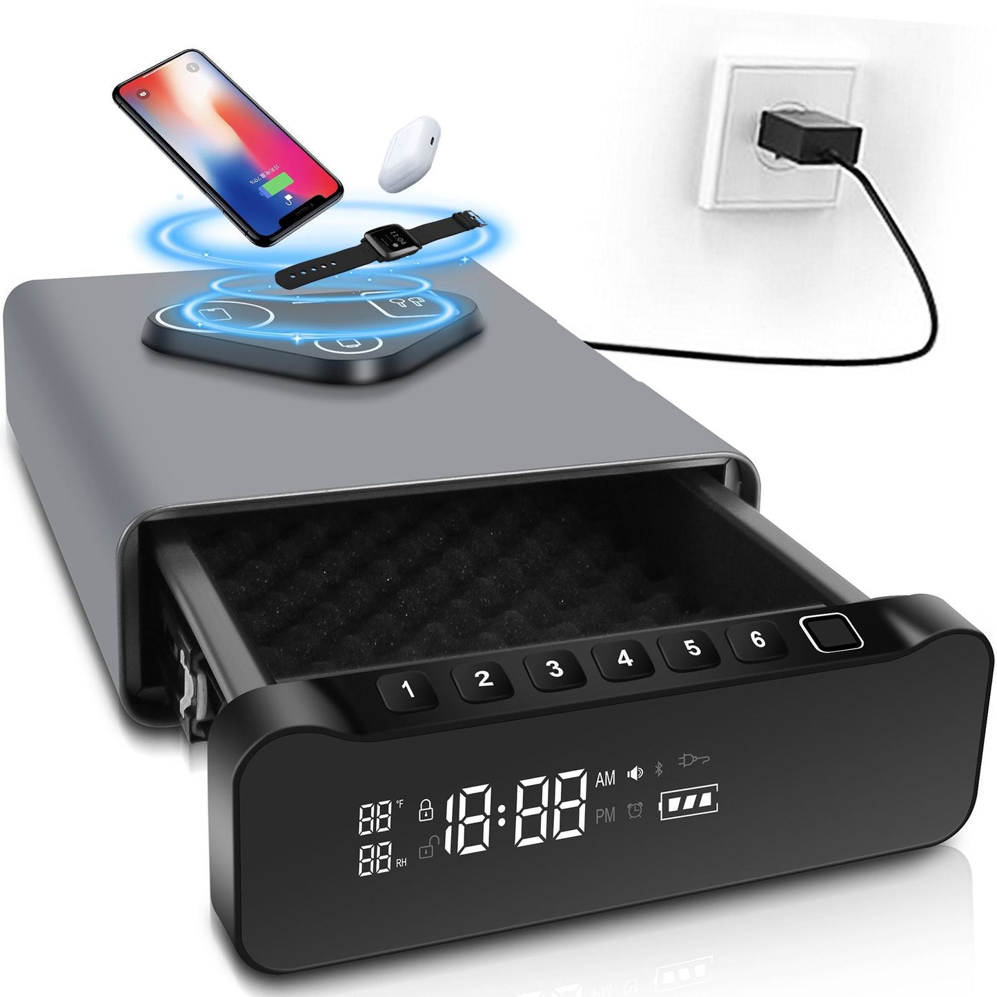 IRONWATCH Vault Pro™ – Biometric Fingerprint Gun Safe with Clock | 3-in-1 Wireless Charging for Phone & Watch | Alarm + Humidity + Temp Screen