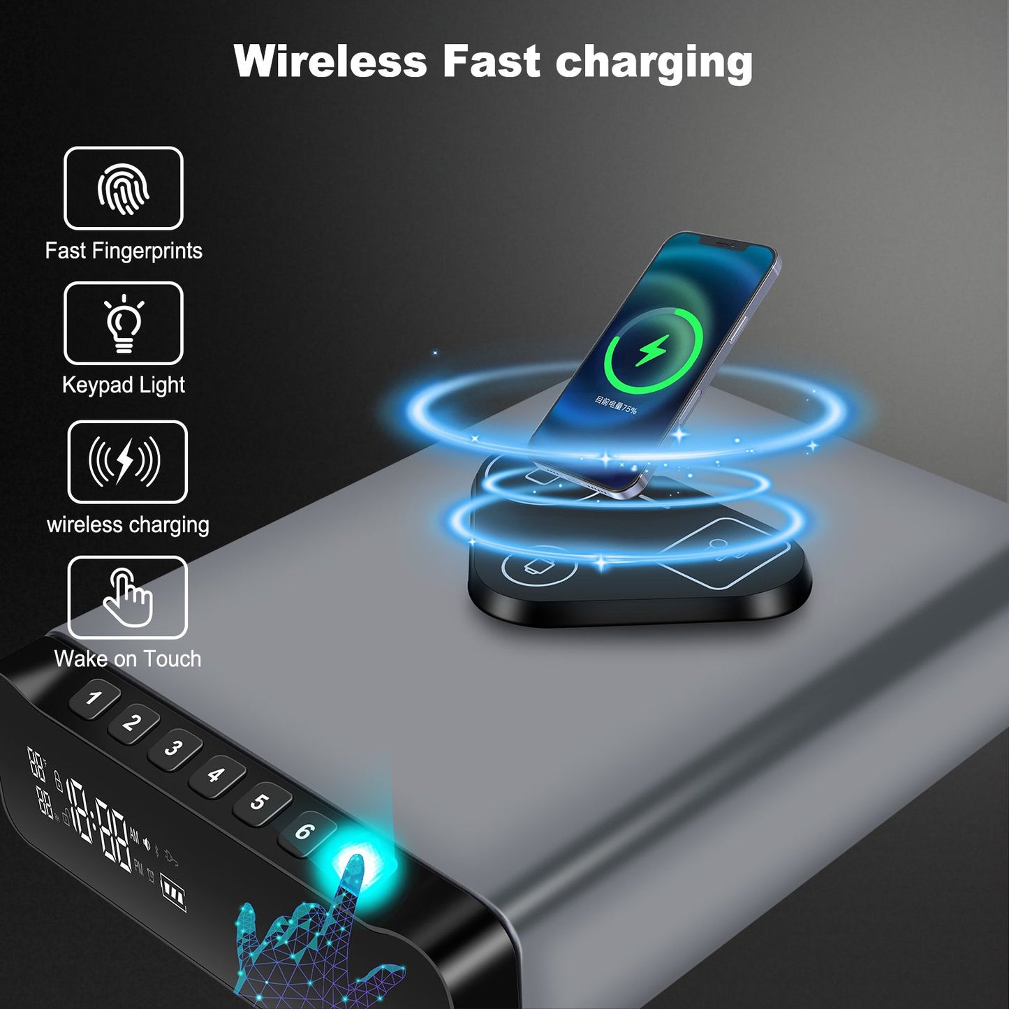 IRONWATCH Vault Pro™ – Biometric Fingerprint Gun Safe with Clock | 3-in-1 Wireless Charging for Phone & Watch | Alarm + Humidity + Temp Screen