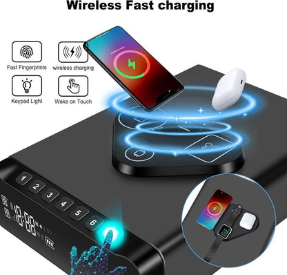 IRONWATCH Vault Pro™ – Biometric Fingerprint Gun Safe with Clock | 3-in-1 Wireless Charging for Phone & Watch | Alarm + Humidity + Temp Screen